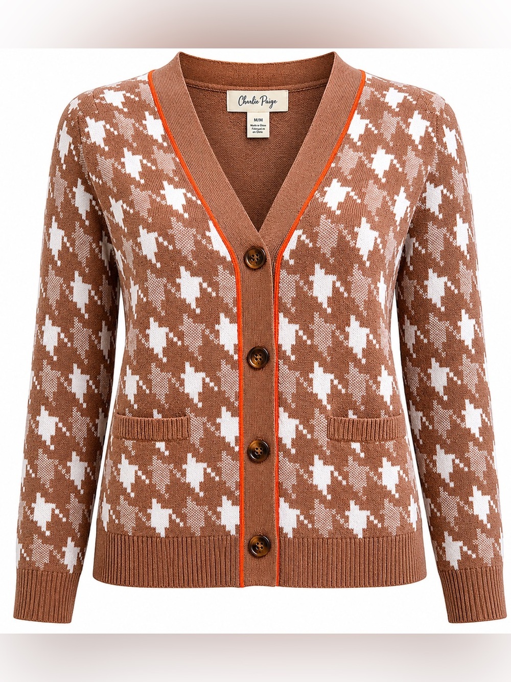 Charlie Paige Houndstooth Cardigan Sweater Medium Brown